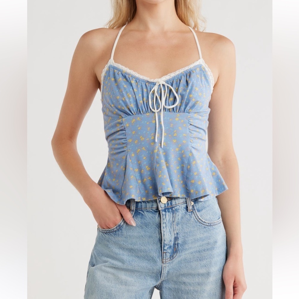 Free People Blue Floral Lace-Trimmed Camisole